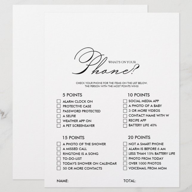 Minimalist What's on your Phone Bridal Shower Game (Front/Back)
