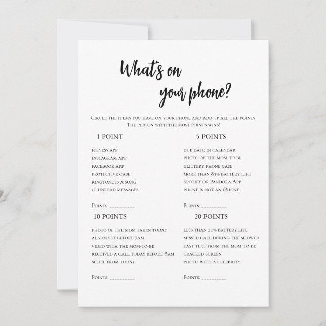 Minimalist What's On Your Phone Bridal Shower Game Invitation (Front)
