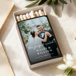 Minimalist Whimsical Script Custom Photo Wedding Matchboxes