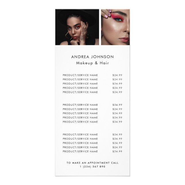Minimalist White 2 Photo Makeup Hair Price List Rack Card (Front)
