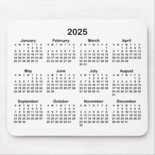 Minimalist White and Black 2025 Calendar Mouse Pad