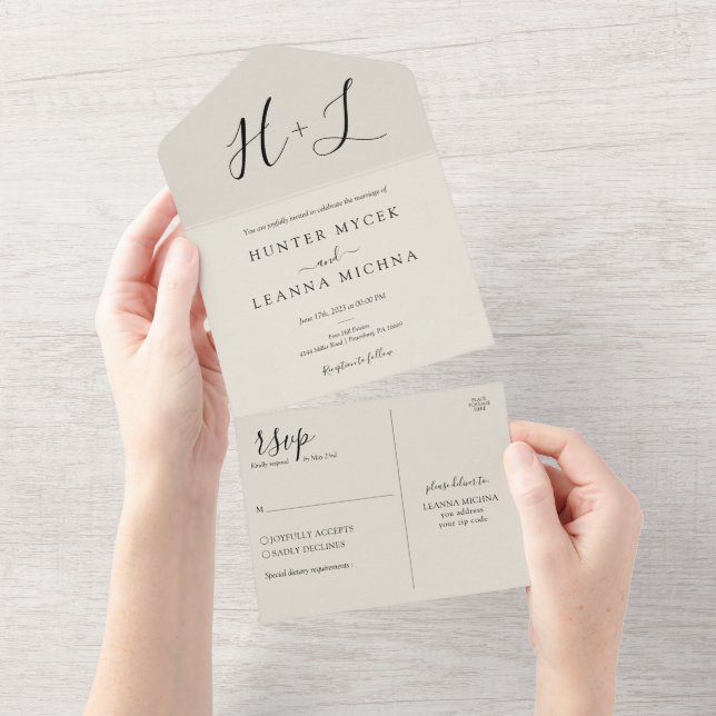 Minimalist White and Black Wedding All In One Invitation (Tearaway)