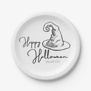 Minimalist White And Black Witches Hat Halloween Paper Plates