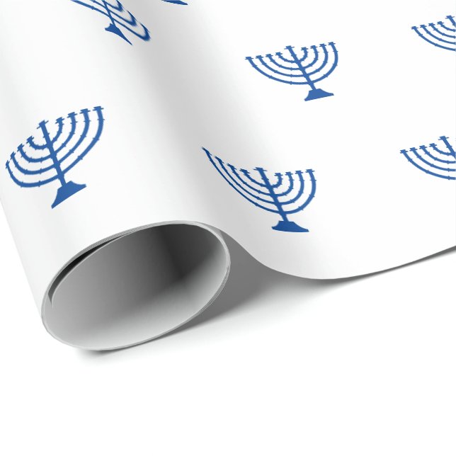 Minimalist white and blue Jewish menorah pattern Wrapping Paper (Roll Corner)