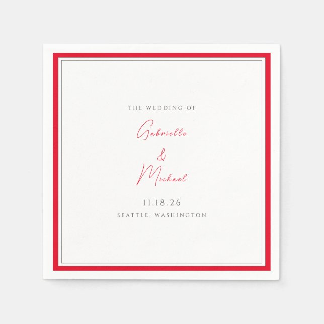 Minimalist White and Cherry Red Wedding  Napkins (Front)