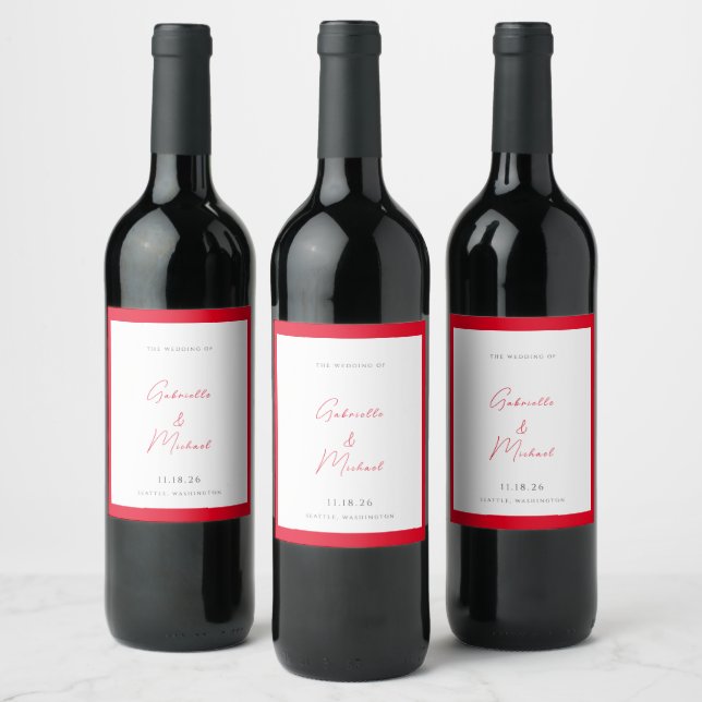 Minimalist White and Cherry Red Wedding  Wine Label (Bottles)