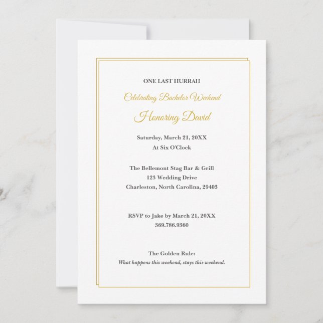 Minimalist White and Gold Bachelor Weekend Invitation (Front)