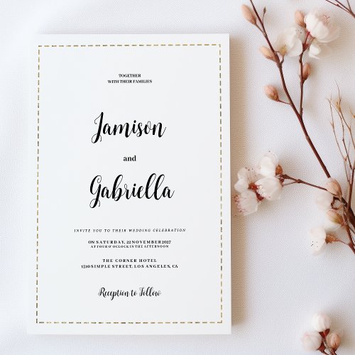 Minimalist  white and gold calligraphy Wedding  Invitation