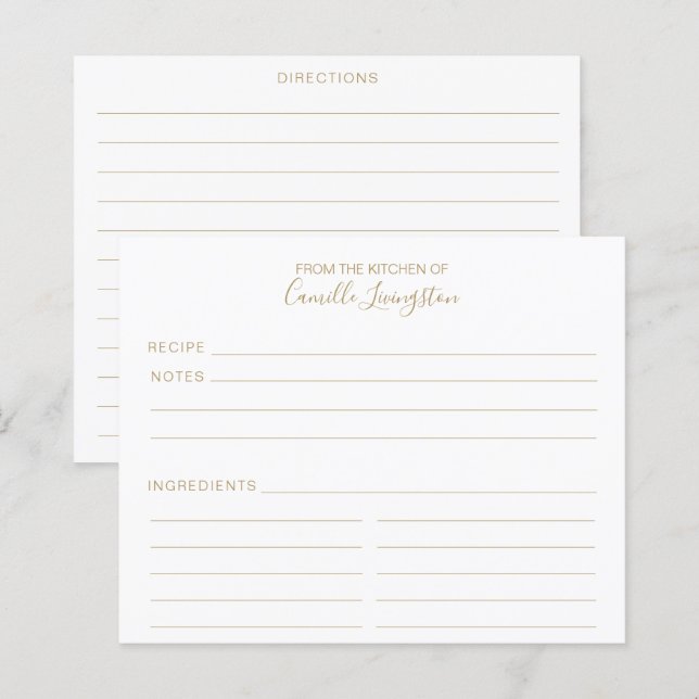 Minimalist White and Gold Custom Recipe Cards (Front/Back)