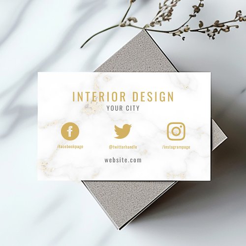 Minimalist White and Gold Marble social media Busi Business Card