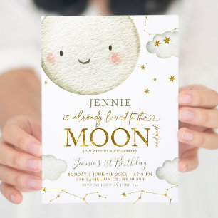 Minimalist White and Gold Moon Girl Birthday Theme Invitation