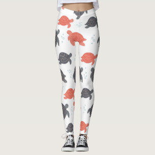 Minimalist White and Gray Sea Turtle Pattern Leggings