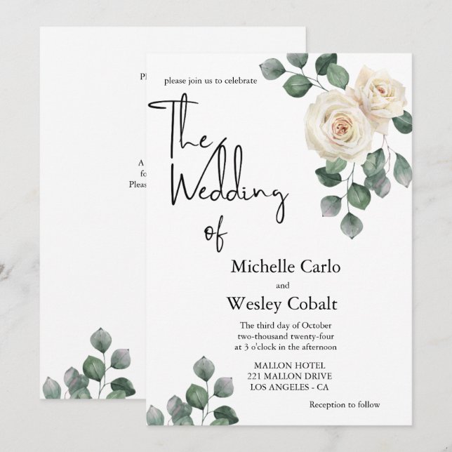 Minimalist White and Green Rose Back Wedding  Invitation (Front/Back)
