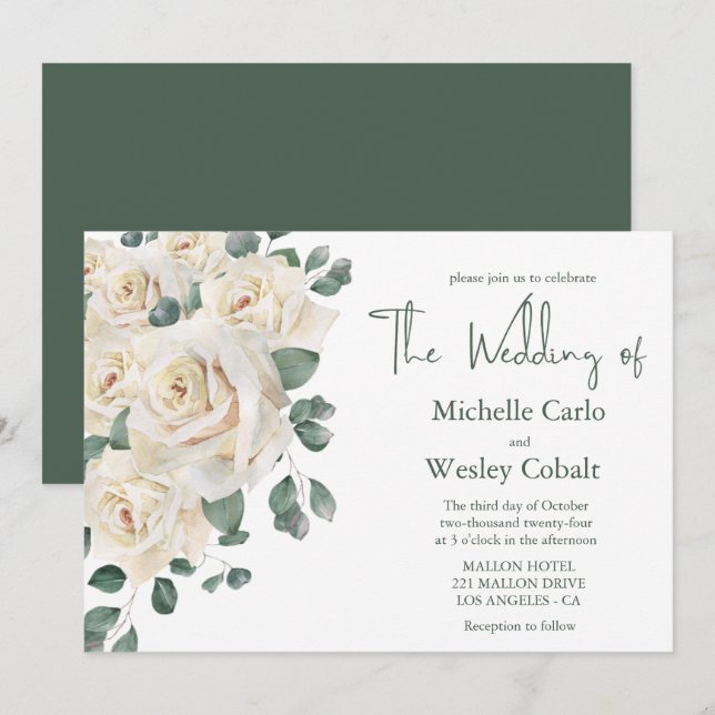 Minimalist White and Green Rose Landscape Wedding  Invitation (Front/Back)