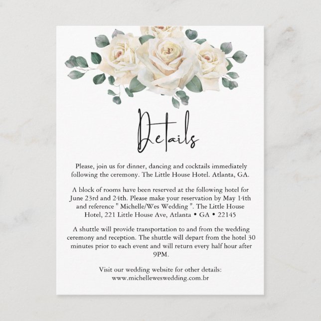 Minimalist White and Green Rose Wedding Details Enclosure Card (Front)