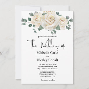 Minimalist White and Green Rose Wedding Invitation