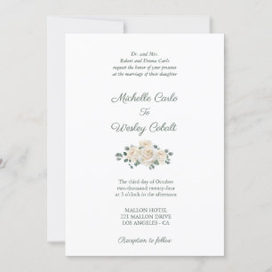 Minimalist White and Green Rose Wedding Invitation