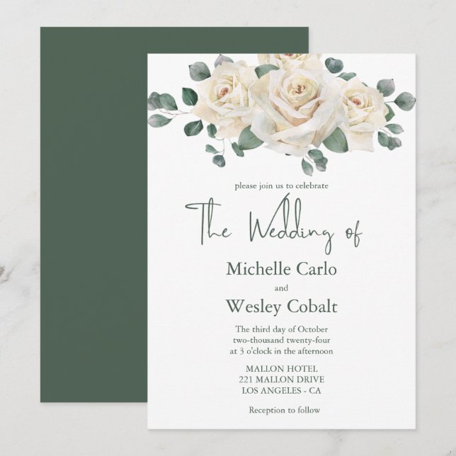Minimalist White and Green Rose Wedding Invitation (Front/Back)