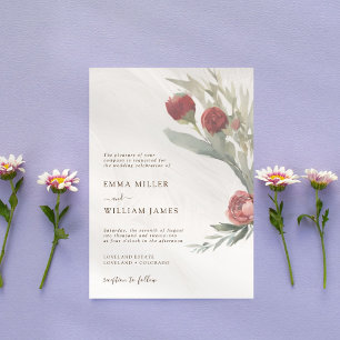 Minimalist White and Red Floral Wedding Invitation