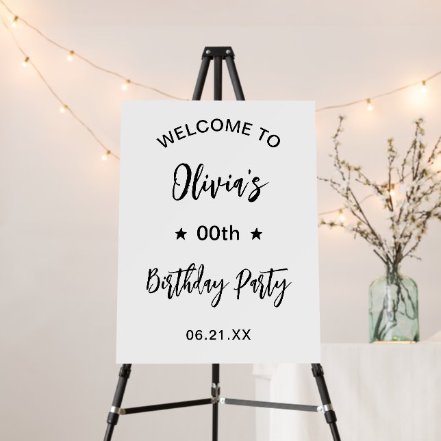 Minimalist White Black Birthday Party Welcome Sign (In Situ (Stand))