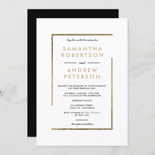 Minimalist white black gold chic elegant wedding invitation (Front/Back)