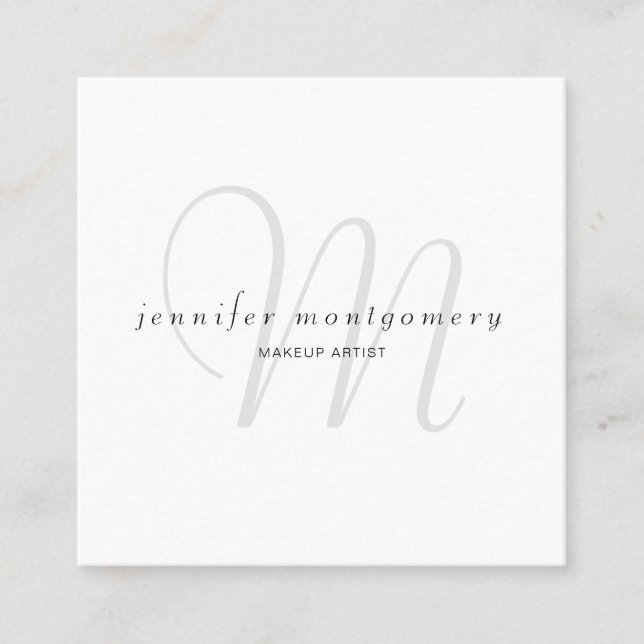 Minimalist White Black Gray Monogrammed Square Business Card (Front)