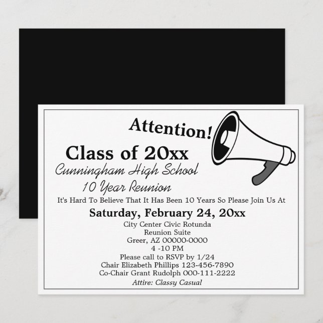 Minimalist White Black High School Class Reunion Invitation (Front/Back)
