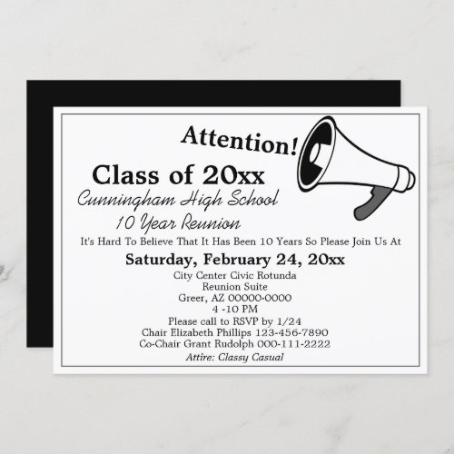 Minimalist White Black High School Class Reunion Invitation