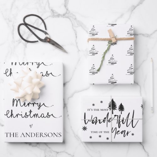Minimalist White Black Merry Christmas Quote Gift Wrapping Paper Sheets