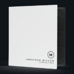 Minimalist White Black Monogram 3 Ring Binder<br><div class="desc">Modern professional binder features a minimal design in a classic black and white color palette. Custom name presented in the lower right hand corner in stylish simple font with a complimentary minimal monogram medallion. Shown with a custom name and monogram initial on the front in modern typography, this personalized business...</div>