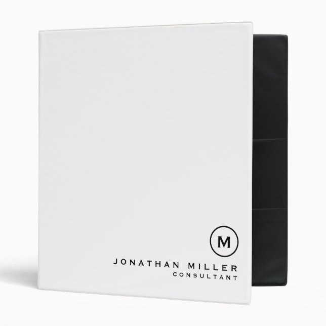 Minimalist White Black Monogram 3 Ring Binder (Front/Inside)