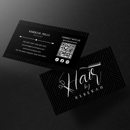 Minimalist White Black Pattern Hairstylist QR Code Business Card