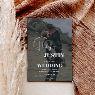 Minimalist white black photo overlay wedding invitation