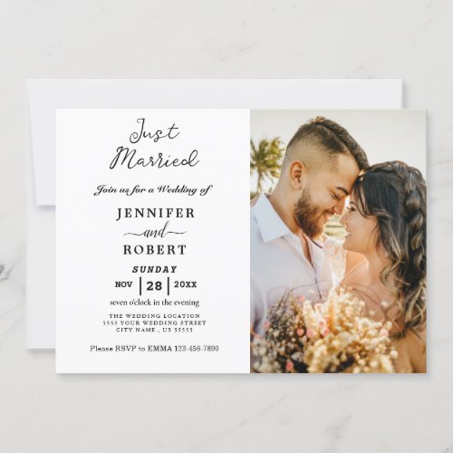 Minimalist White Black Photo Wedding Reception  Invitation