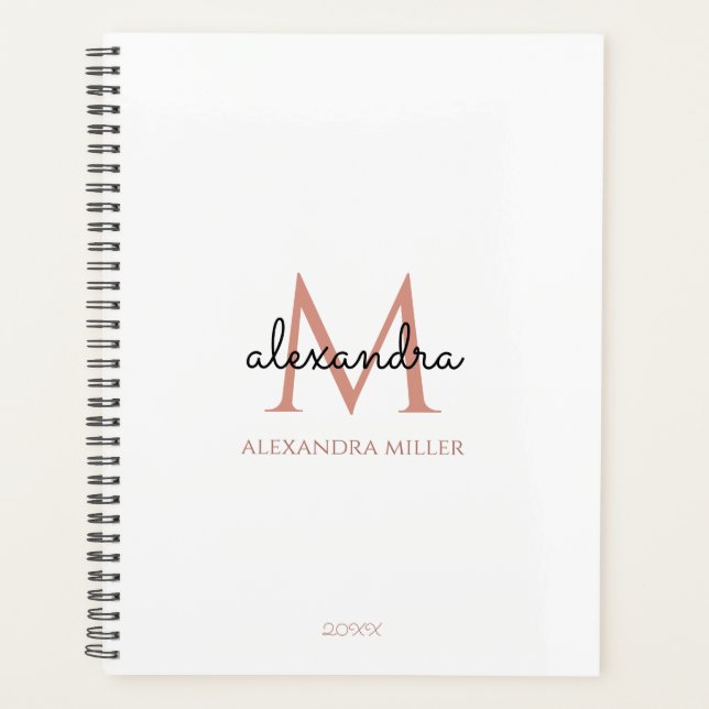 Minimalist White Black Rose Gold Monogram Name Planner (Front)