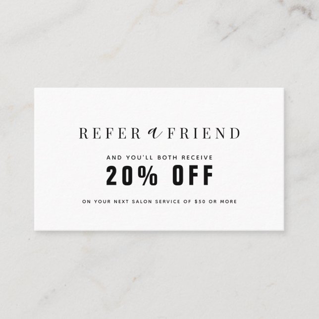Minimalist White & Black Salon Referral Business Card (Front)