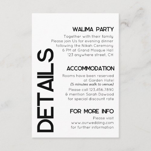 Minimalist White Black Typography Wedding Details Enclosure Card