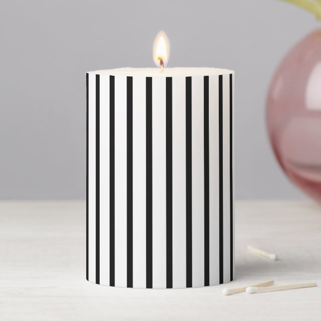 Minimalist white black vertical stripes pattern pillar candle (In Situ)