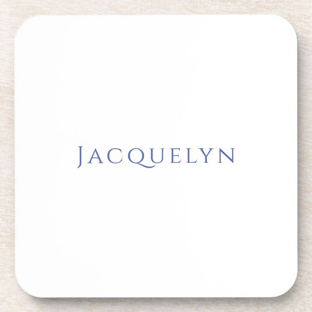 Minimalist White Blue Plain Elegant Modern Name Beverage Coaster (Front)
