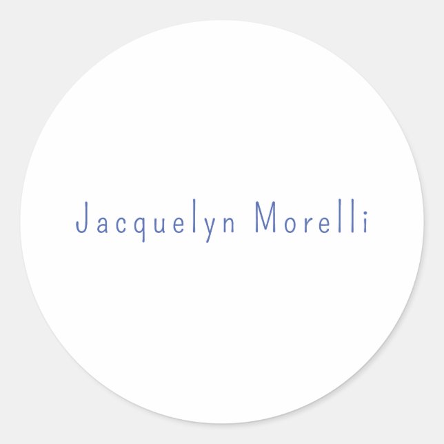 Minimalist White Blue Plain Elegant Modern Name Classic Round Sticker (Front)