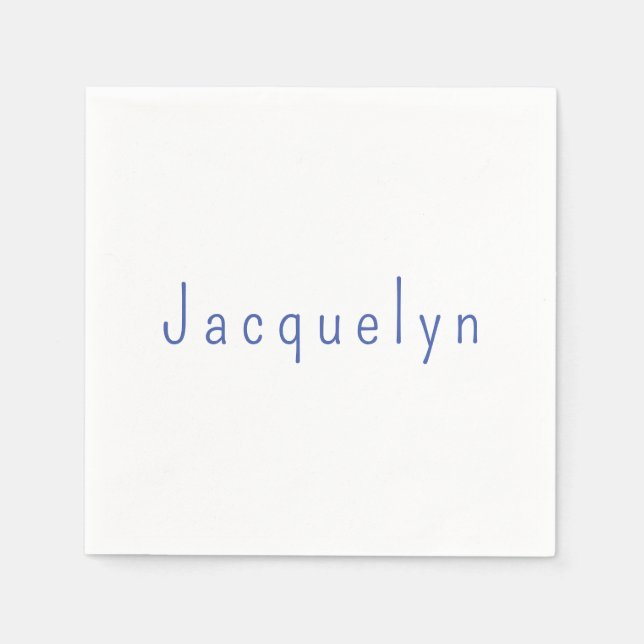 Minimalist White Blue Plain Elegant Modern Name Napkins (Front)