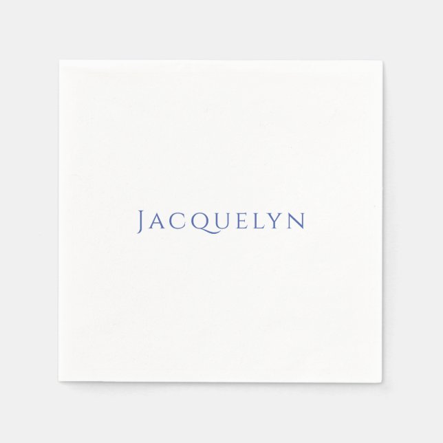 Minimalist White Blue Plain Elegant Modern Name Napkins (Front)