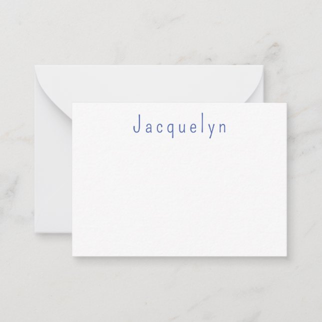 Minimalist White Blue Plain Elegant Modern Name Note Card (Front)