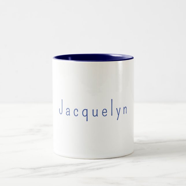 Minimalist White Blue Plain Elegant Modern Name Two-Tone Coffee Mug (Center)