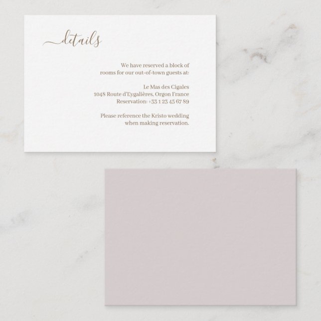 Minimalist White Blush Gold Wedding Hotel Detail Enclosure Card (Front/Back)