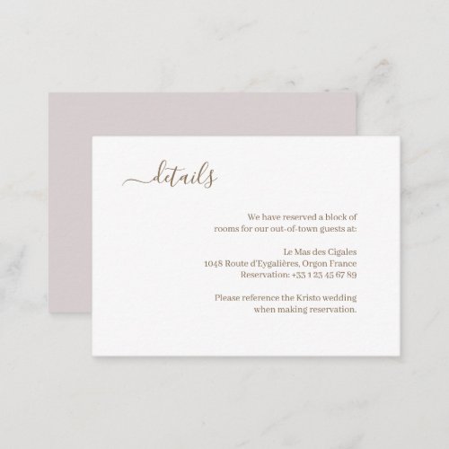 Minimalist White Blush Gold Wedding Hotel Detail Enclosure Card
