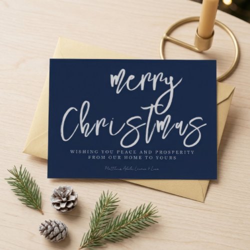 Minimalist White Calligraphy Navy Blue Typography  Holiday Card