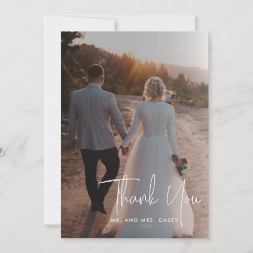 Minimalist White Casual Script Photo Wedding Thank You Card