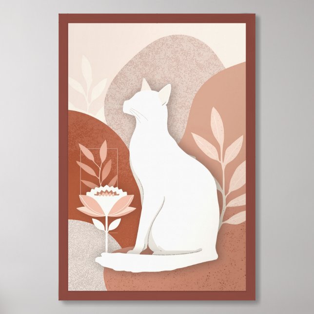 Minimalist White Cat Art: Boho Botanical Print (Framed Front)