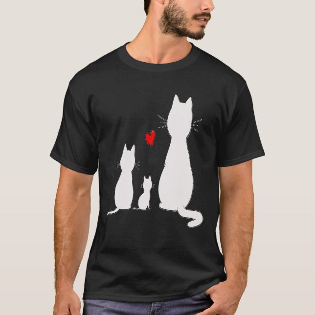 Minimalist White Cat Family with Red Heart Art T-S T-Shirt (Front)